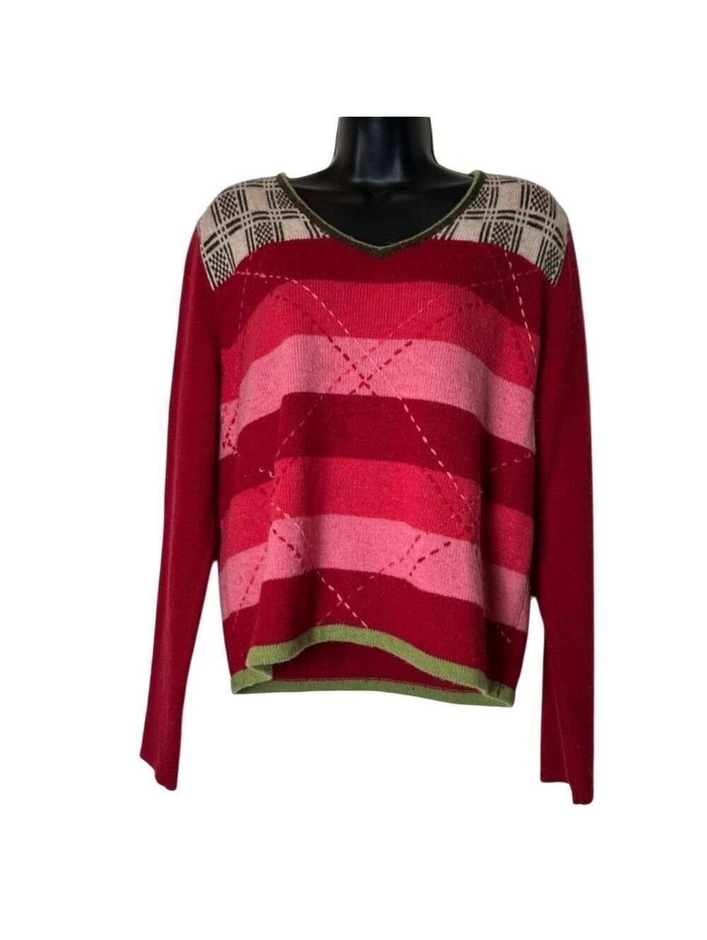 Y2K 90s Sweater Plaid Stripe Wool pink Contrast Boxy Oversized V Neck Express L